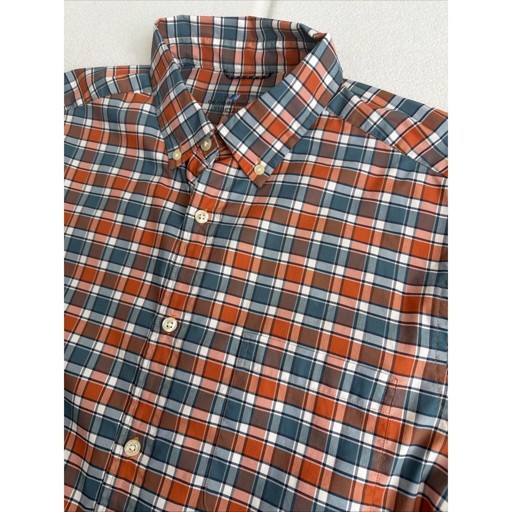 Vineyard Vines Mens M OTG Performance Gingham Button Down Shirt Orange Blue brrr